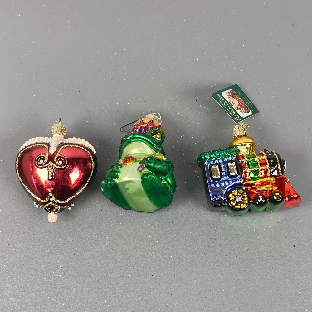 Old World Christmas Glass Ornaments Lot Frog Prince Train & Heart Glitter Set